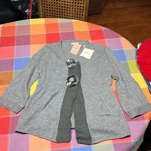 Small Grey Chalet Cardigan with Knit Flower Accent